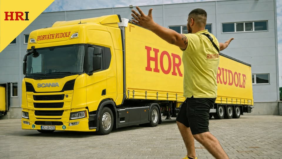 HRI gépkocsivezető sárga Scania kamion előtt